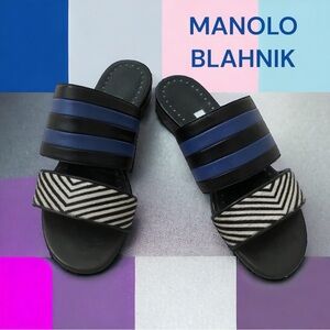 💙💛MANOLO BLAHNIK SUMMER BLUE BLACK SLIP ON SHOES LEATHER & PONY HAIR FLATS 5.5